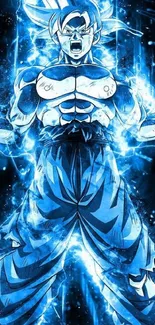 Dynamic anime hero radiating electrifying blue energy in a striking pose.