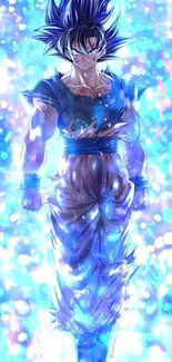 Anime Ultra Instinct character in vibrant blue energy wallpaper.