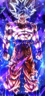 Vibrant anime hero standing with energetic purple and blue background.