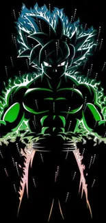 Vibrant anime hero with glowing aura in black background.