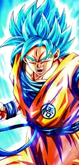 Dynamic anime hero with blue hair in action pose.