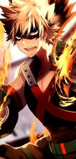 Energetic anime hero with fiery powers in a vibrant mobile wallpaper.