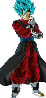 Anime hero with blue hair and red outfit on a white background.