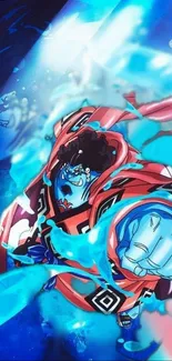 Anime hero in vibrant blue and red action pose wallpaper.