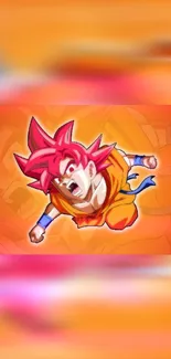 Dynamic anime character flying with vibrant orange background.