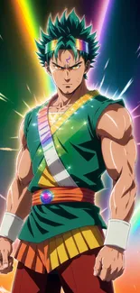 Vibrant anime hero with colorful energy background.