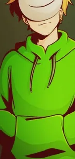 Anime character in green hoodie on a dark background.