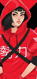 Anime character in red hoodie wallpaper art.