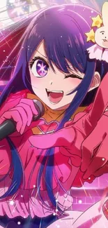 Anime idol with mic and vibrant colors, pink theme.