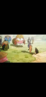 Bright anime scene with characters on a green field, perfect for wallpaper.