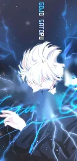 Anime character with blue lightning and vibrant artistic design.