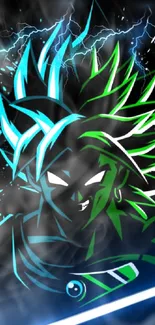 Anime character with green and blue lightning, vibrant and dynamic design.