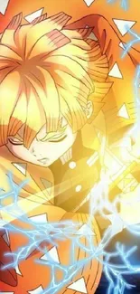 Anime character with lightning and vibrant orange hues.