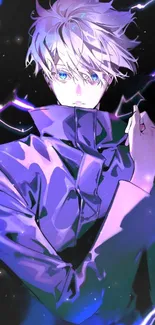 Anime character with bright lightning and purple tones in a dynamic scene.