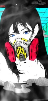 Anime character with gas mask and aqua background.