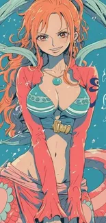 Colorful anime mermaid with red hair and sea attire.