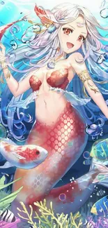 Anime mermaid surrounded by colorful fish and coral in a vibrant underwater scene.