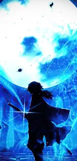 Anime silhouette against a glowing blue moonlit background.