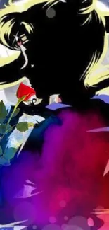 Anime silhouette with dark blue and colorful backdrop featuring a rose.