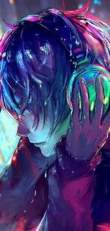 Vibrant anime wallpaper with headphones on character.