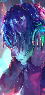 Vibrant anime art with colorful headphones.