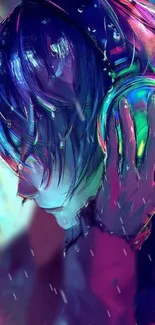 Anime character with headphones in rain, vibrant colors.