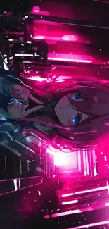 Anime girl with neon pink and blue highlights in vibrant lighting.