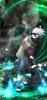 Anime ninja character with green swirling energy in dynamic action pose.