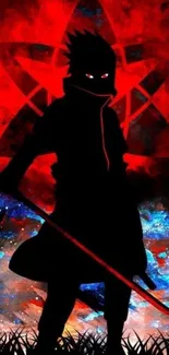 Anime ninja silhouette with vibrant red and blue cosmic background.