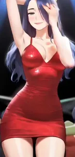 Anime character in a red dress dancing at a party.