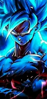 Anime character with bright blue energy and dynamic pose as phone wallpaper.