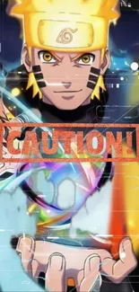 Anime character with vibrant colors and caution sign.