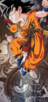 Dynamic anime character in vibrant orange attire jumps with energy.