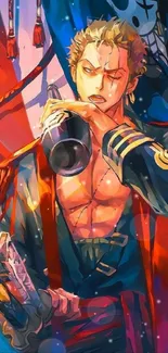 Vibrant anime pirate character holding a bottle with dramatic red lighting.