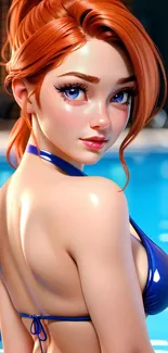 Anime girl with red hair in blue bikini by pool.