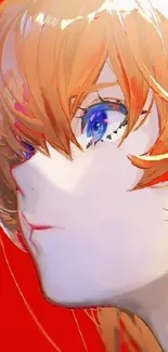 A vibrant anime character portrait with orange hair and a red background.