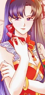 Anime character in red outfit with long blue hair and vibrant design.