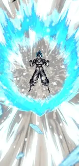 Anime character surrounded by blue energy burst.