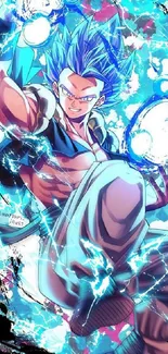 Anime character with electric energy in vibrant blue hues.