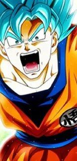 Anime character with blue hair and orange outfit, radiating power and energy.