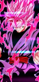 Vibrant anime character with pink aura on black background.