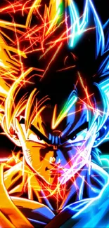 Anime character with neon blue and orange glow on black background.