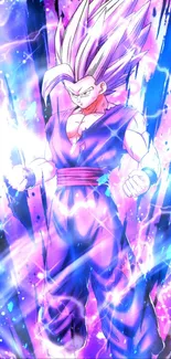 Anime character with vibrant energy aura in purple and blue hues.