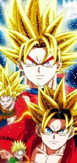 Anime characters with vivid yellow energy hair, creating a powerful visual.