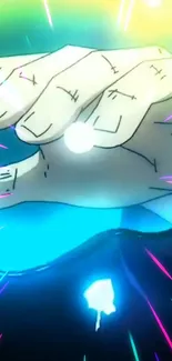 Anime hand with vibrant energy and blue glow.