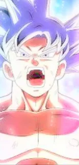 Anime character in Ultra Instinct with vibrant aura.