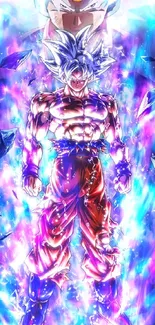 Anime character with vibrant purple and blue aura.