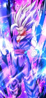 Anime character in a vibrant, neon purple aura with lightning effects.