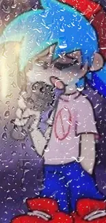 Anime character with blue hair and rain effect on mobile wallpaper.