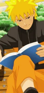 Anime character reading a book on a bench with vibrant colors.